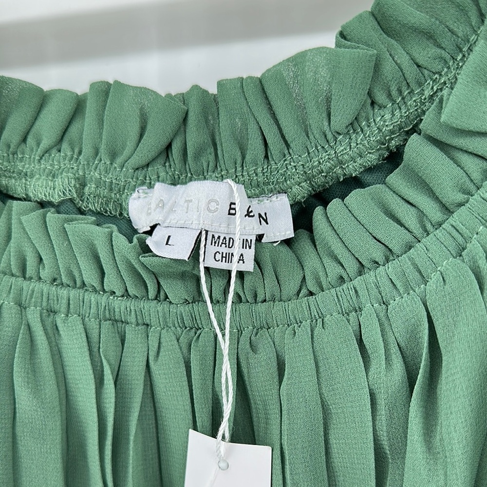 Baltic Born Green Long Sleeve Bishop Elastic Waist with Fabric Belt Sundress SzL - Picture 2 of 15